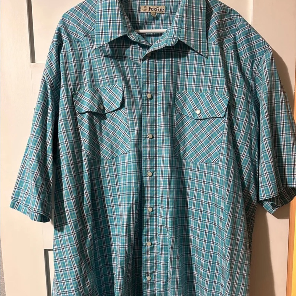Turquoise Plaid Pearl Snap Short Sleeve Button Down